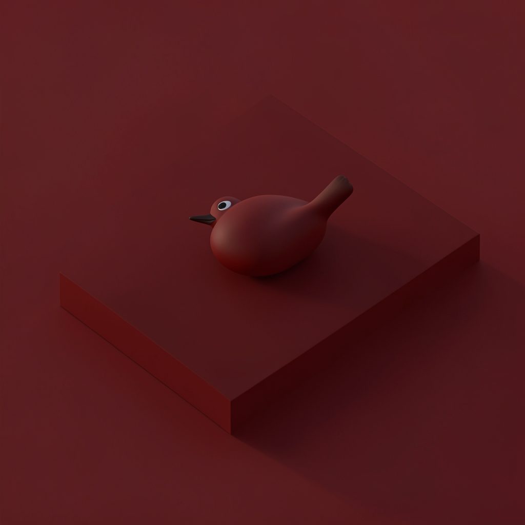 isometric render of a bird silhouette over a cream colored sky