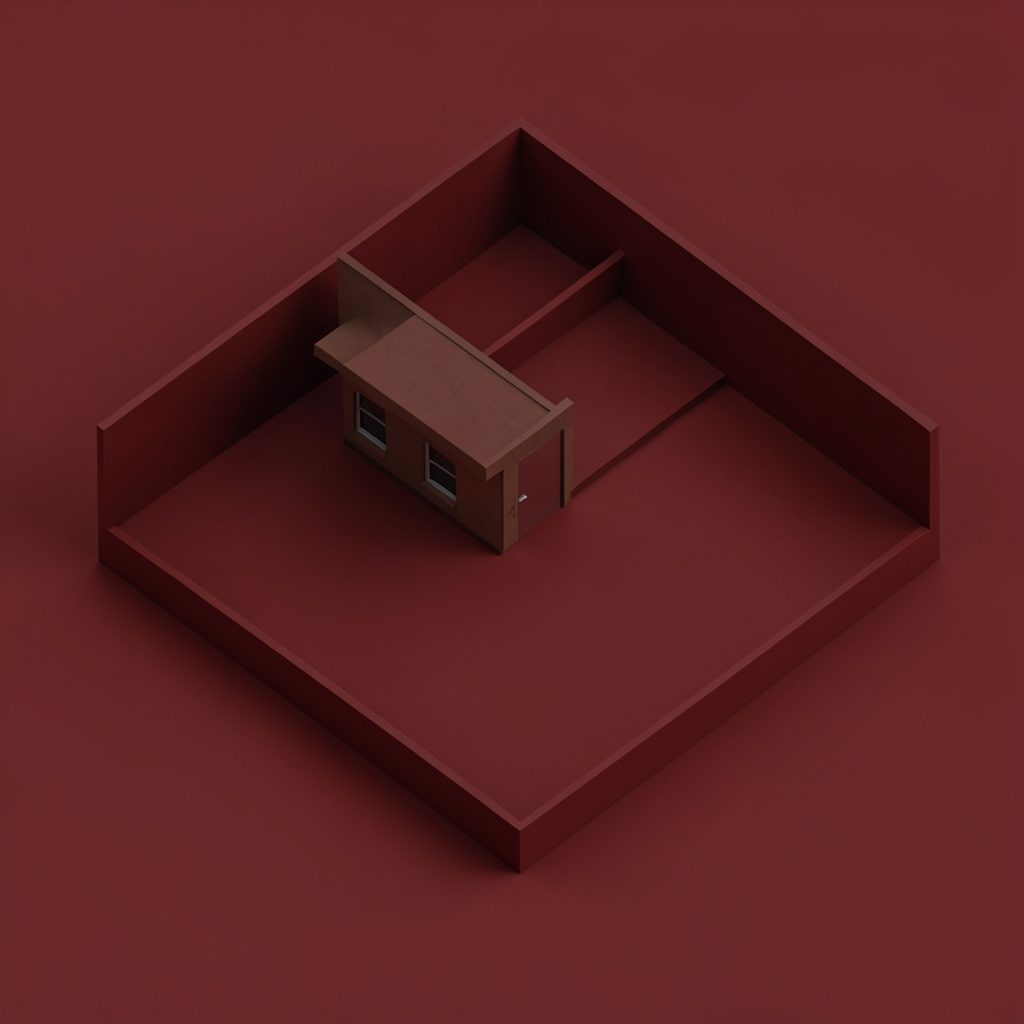isometric render of a jail cell block in monochrome grey