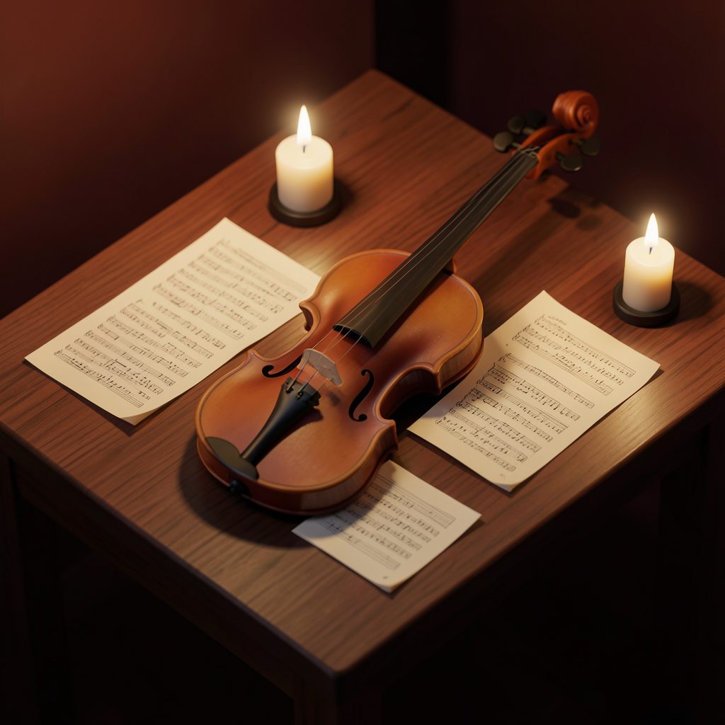 Romantic isometric 3D scene of a violin and scattered sheet music on a wooden table lit by candlelight, soft amber and cream.