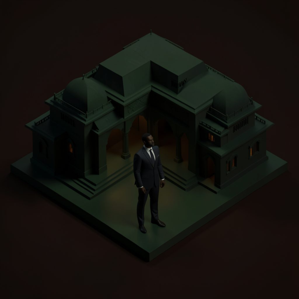 Dark moody isometric render of a man in a suit standing before an African palace silhouette, deep greens and shadowed gold.
