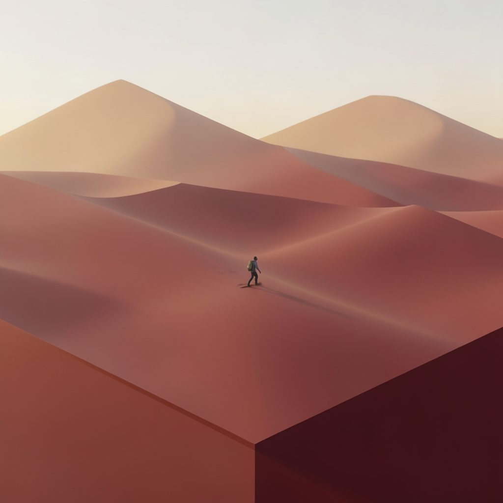 Isometric 3D scene of a lone figure trekking across a vast desert landscape under a pale sky, warm ochre and dusty rose tones.