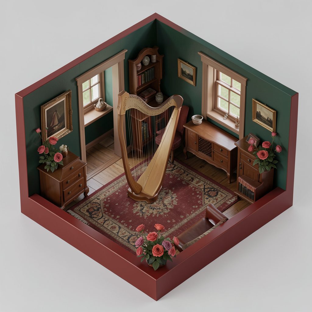 Warm isometric 3D render of a vintage Irish cottage interior with a harp and wild roses, rich emerald and copper tones.