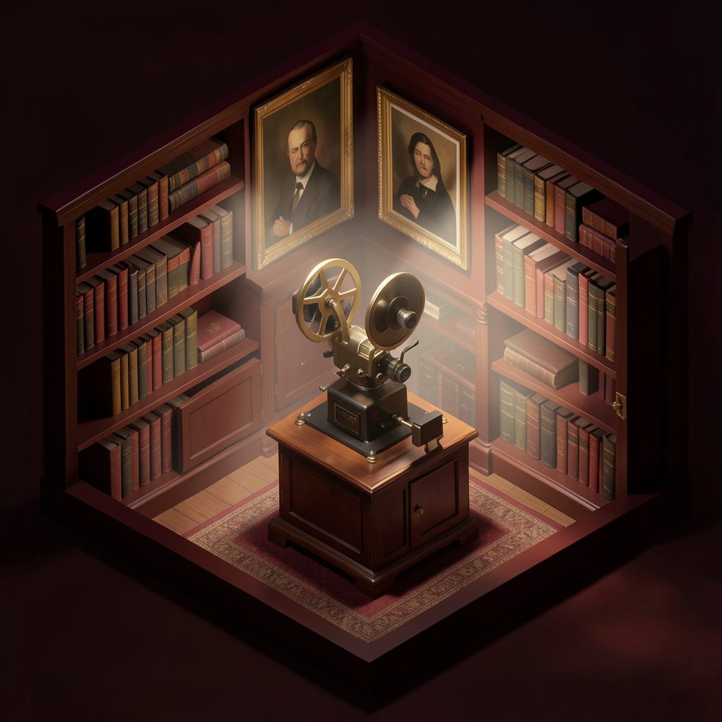 A warm-toned isometric 3D scene of a vintage film projector casting light across a quiet study filled with books and framed portraits, deep burgundy and gold accents throughout.