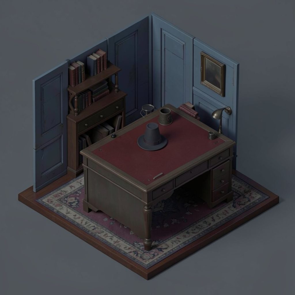 Somber isometric 3D composition of a 19th-century American interior with a stovepipe hat resting on a desk, muted blues and browns.